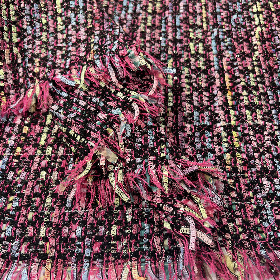Rue Tweed Polyester Black Multicoloured Metallic Woven Dress Fabric Fold