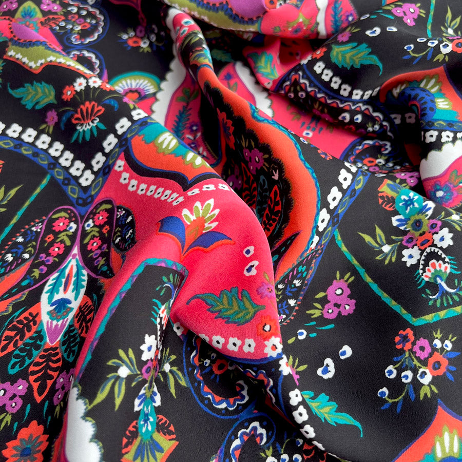 Satin Viscose Arizona Floral Abstract Black Pink Woven Dress Fabric
