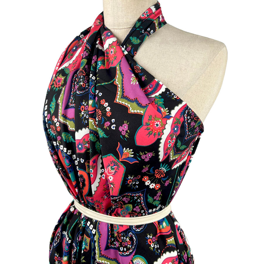 Satin Viscose Arizona Floral Abstract Black Pink Woven Dress Fabric Side