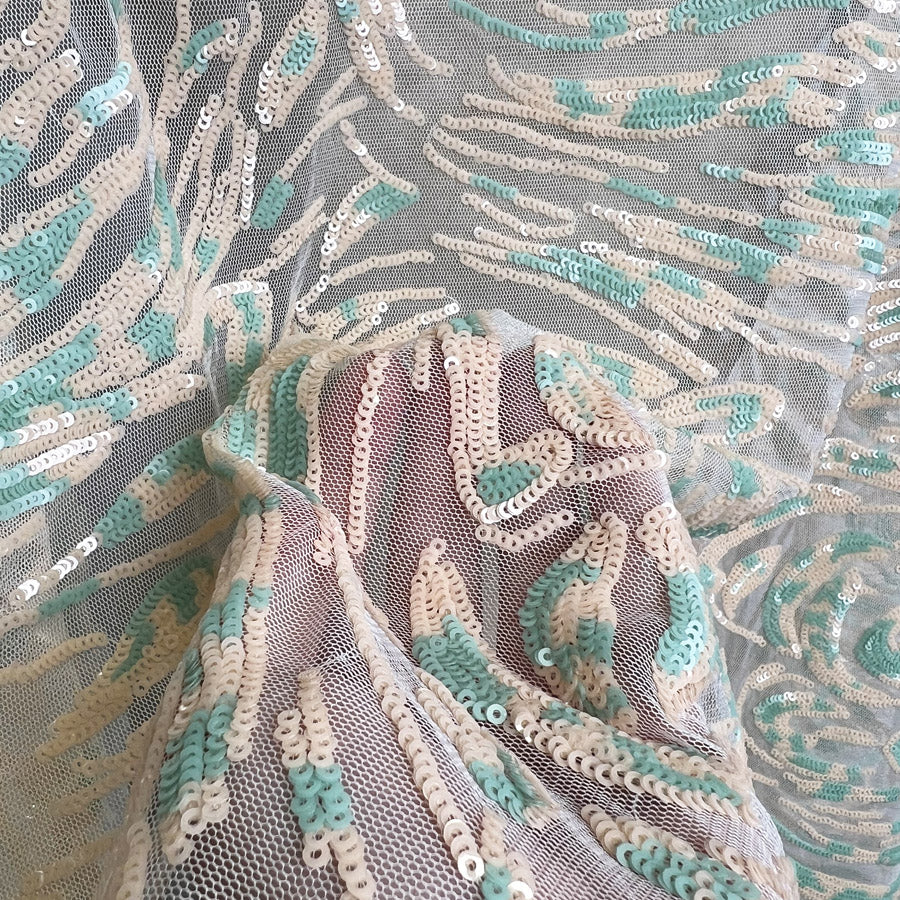 Sequin Net Elberta Peach Mint Abstract Swirl Dress Fabric