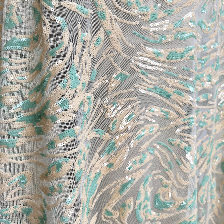 Sequin Net Elberta Peach Mint Abstract Swirl Dress Fabric Cu1