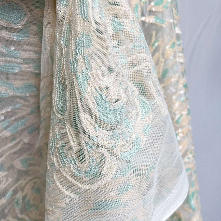 Sequin Net Elberta Peach Mint Abstract Swirl Dress Fabric Fold