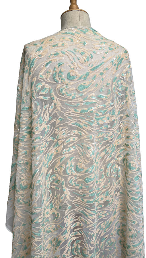 Sequin Net Elberta Peach Mint Abstract Swirl Dress Fabric Mannequin