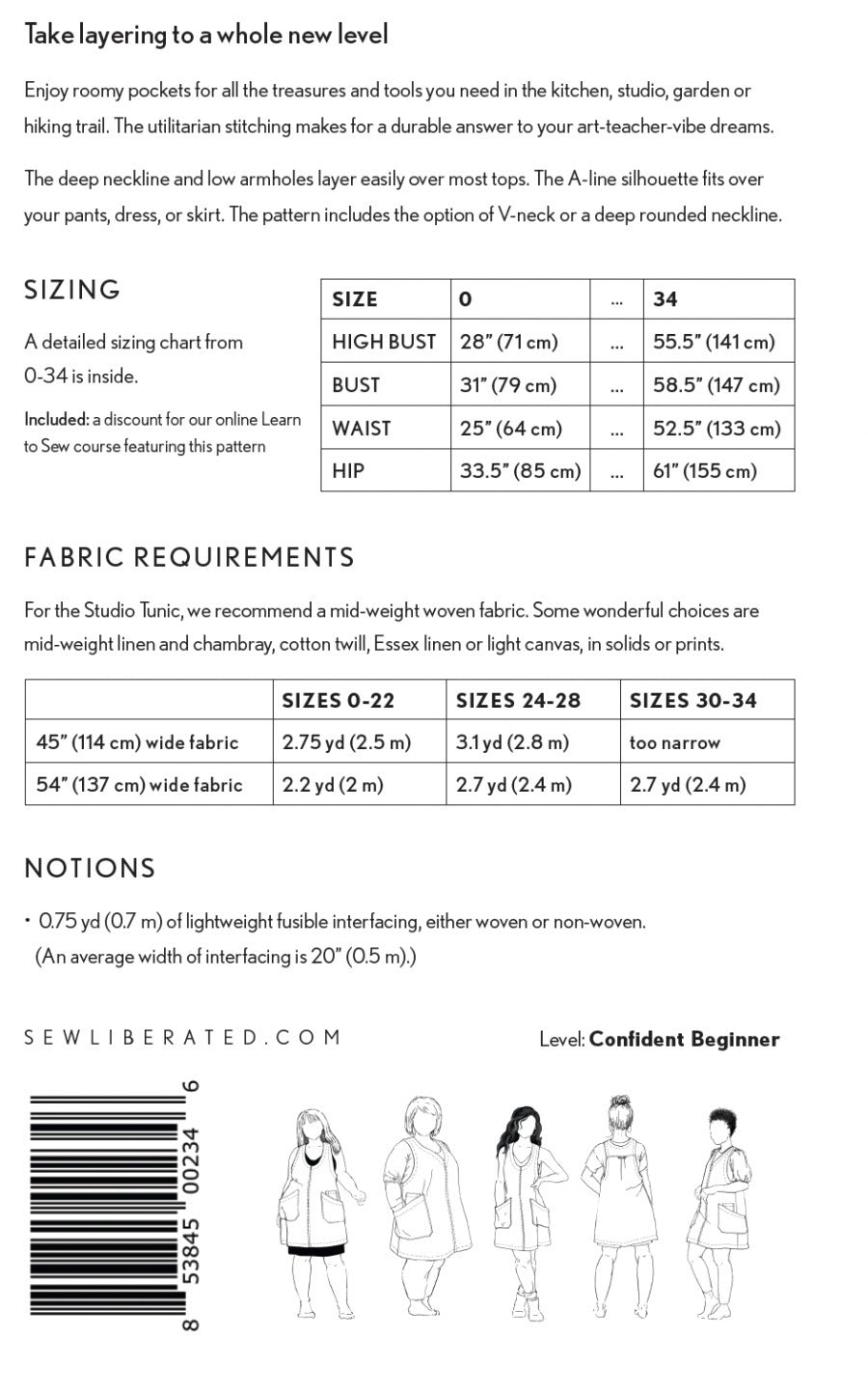 Sew liberated studio tunic pattern back cover