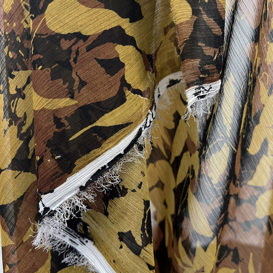 Sheer Elegance Brown Abstract Leaf Printed Chiffon Dress Fabric Fold