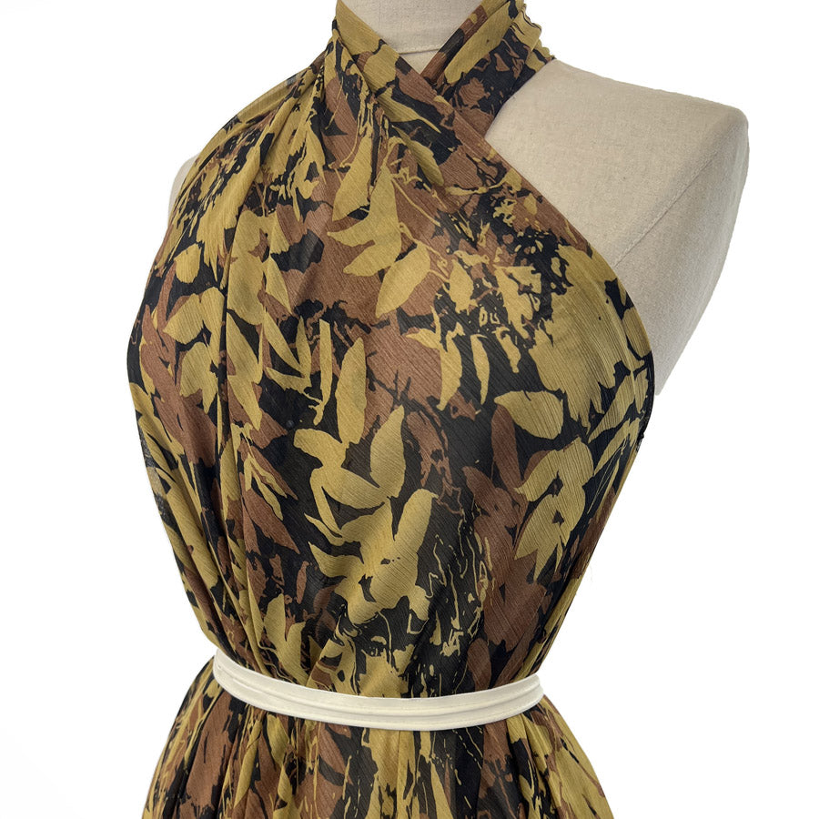 Sheer Elegance Brown Abstract Leaf Printed Chiffon Dress Fabric Side