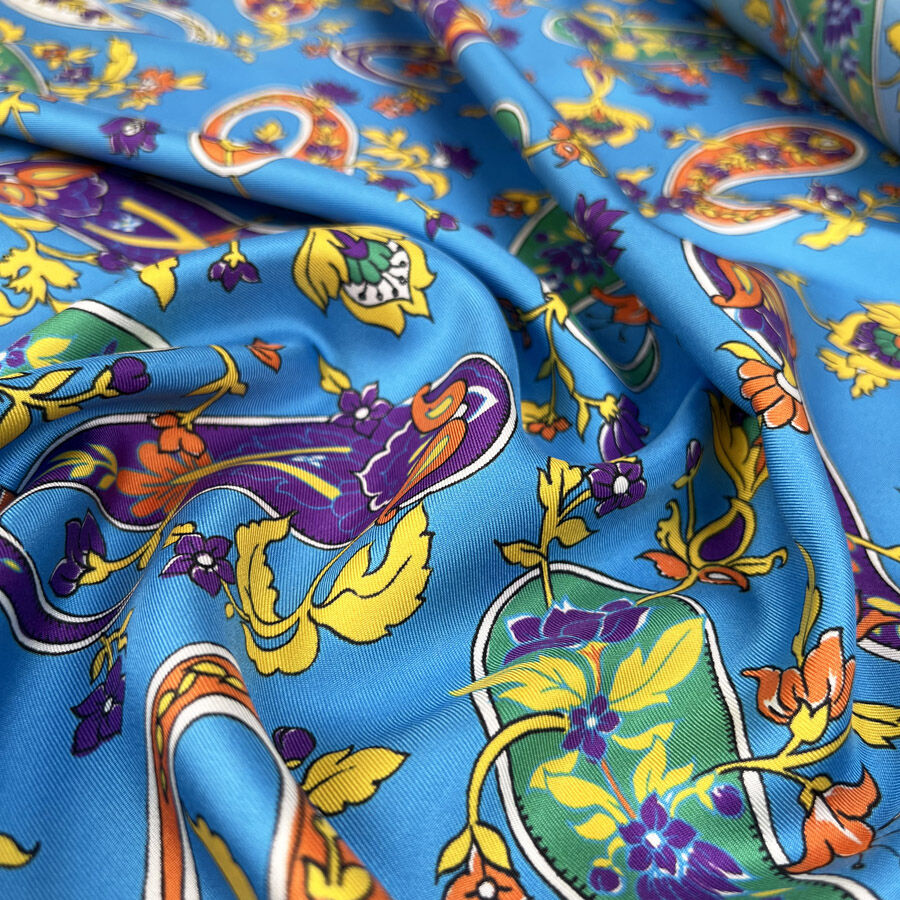 Silks of italy paisley pop blue woven floral italian bright multicoloured dress fabric cu