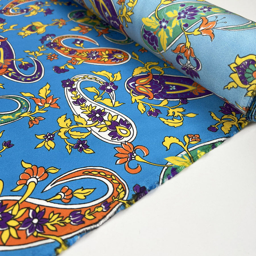 Silks of italy paisley pop blue woven floral italian bright multicoloured dress fabric roll