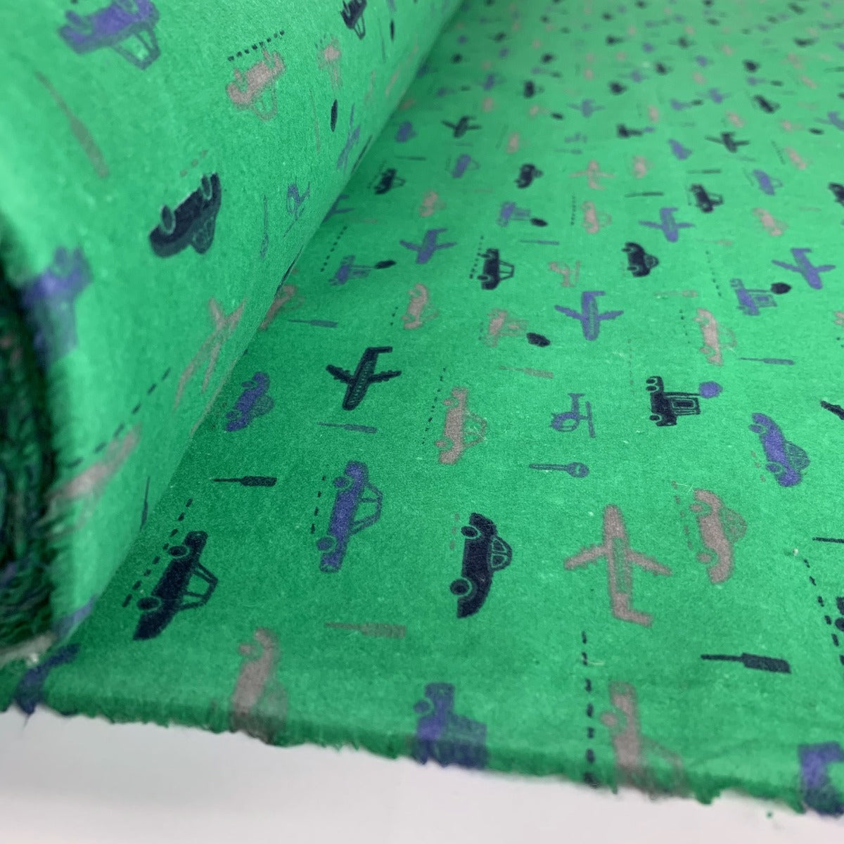 Sleep Tight Travels Brushed Cotton Winceyette Wide Navy Blue And Grey Vehicles On Green Background Roll