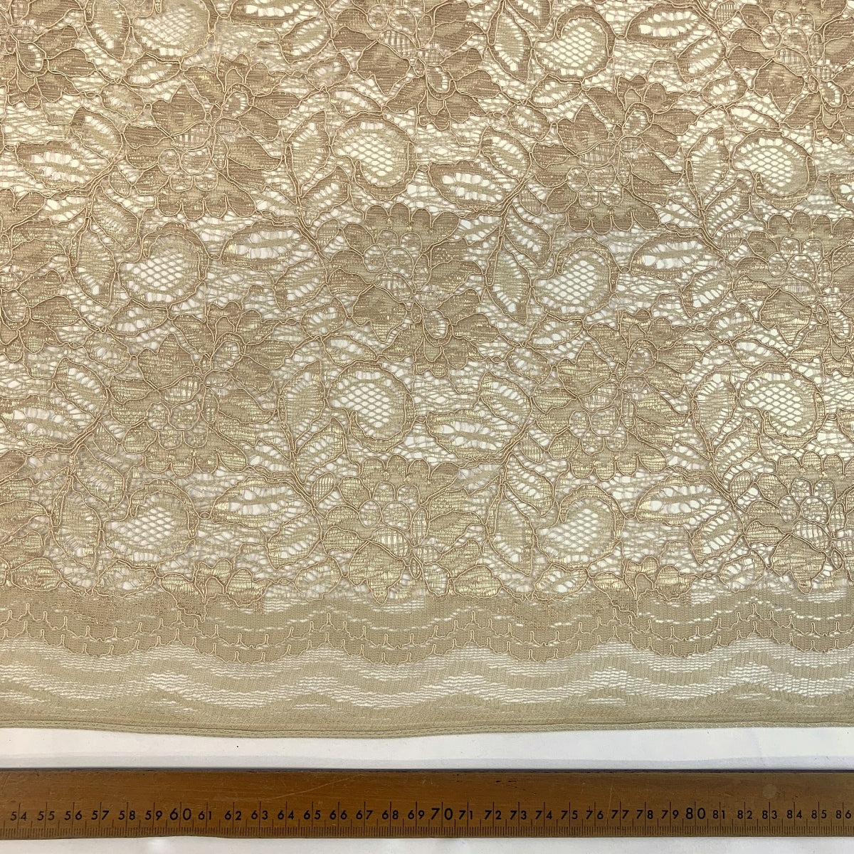 Spanish Eyes Champagne Corded Lace Bridal Fabric Scale