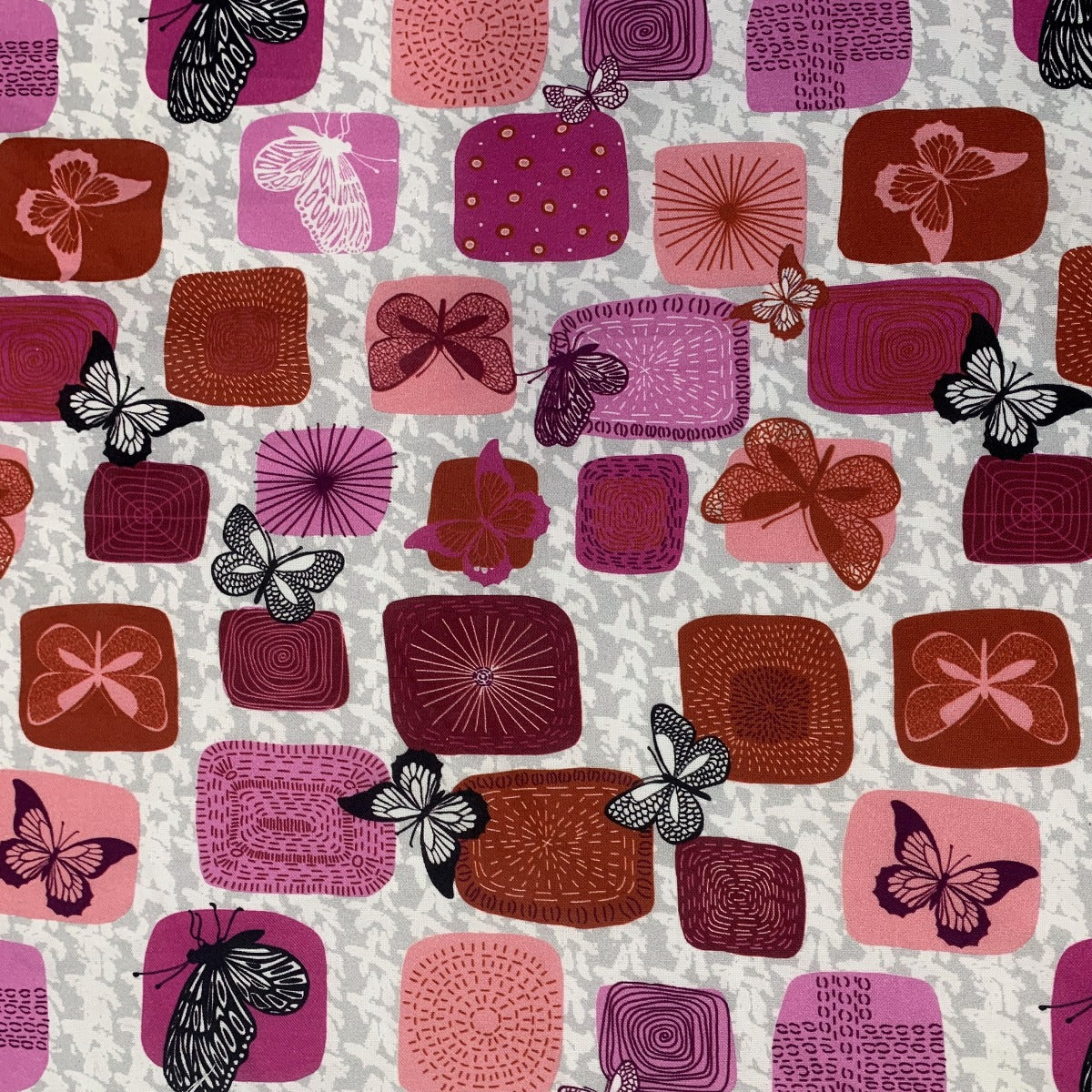 Stof Craft Butterfly Retro Japanese Cotton Grey Red Pink Pattern