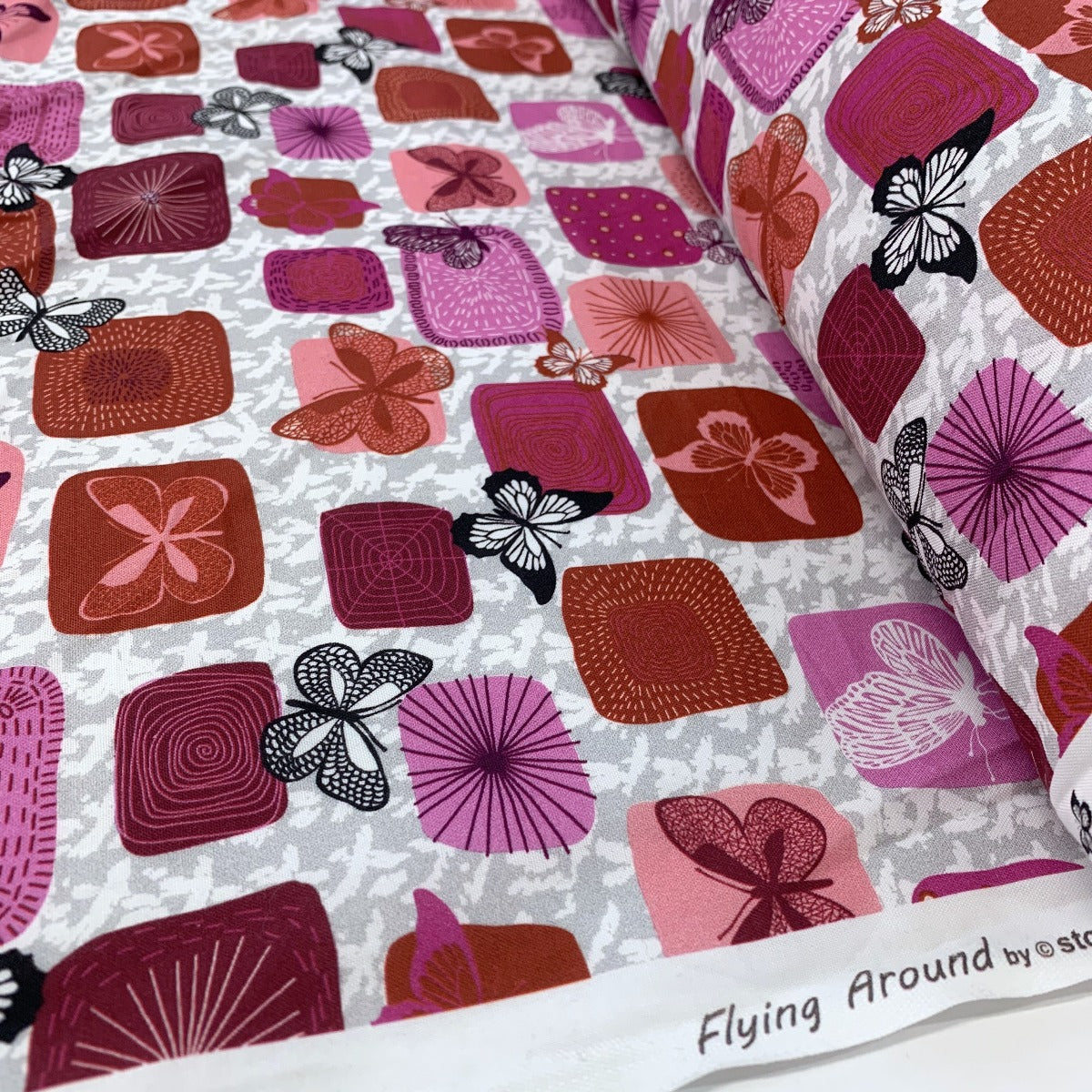 Stof Craft Butterfly Retro Japanese Cotton Grey Red Pink Roll