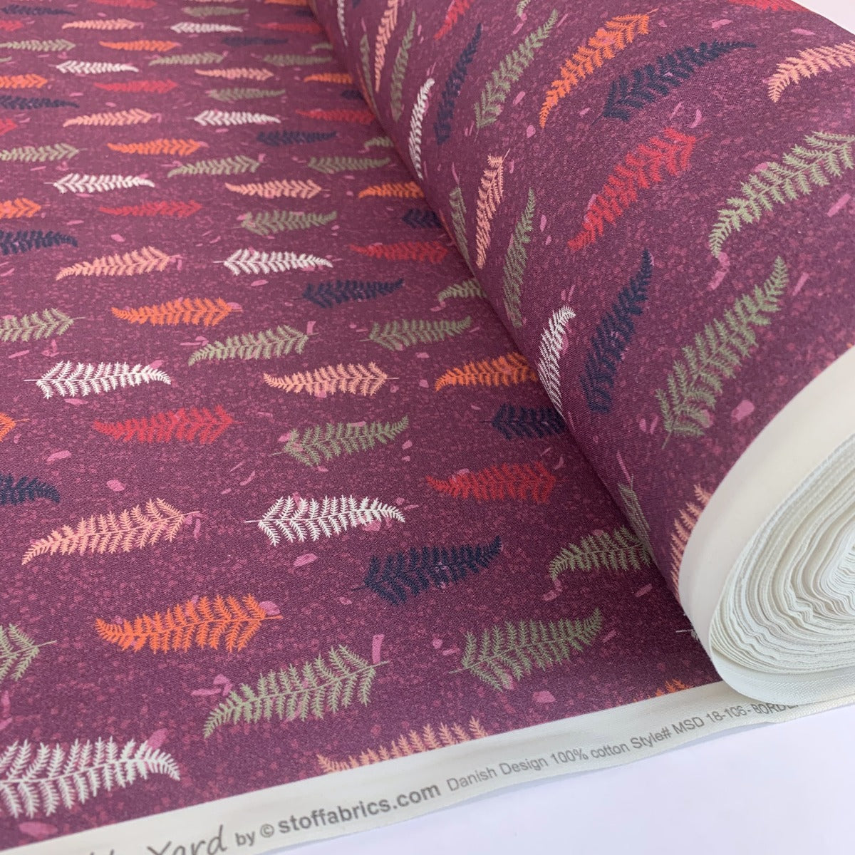 Stof Craft Fern Japanese Craft Cotton Fabric Purple Multi Colour Leaves Roll