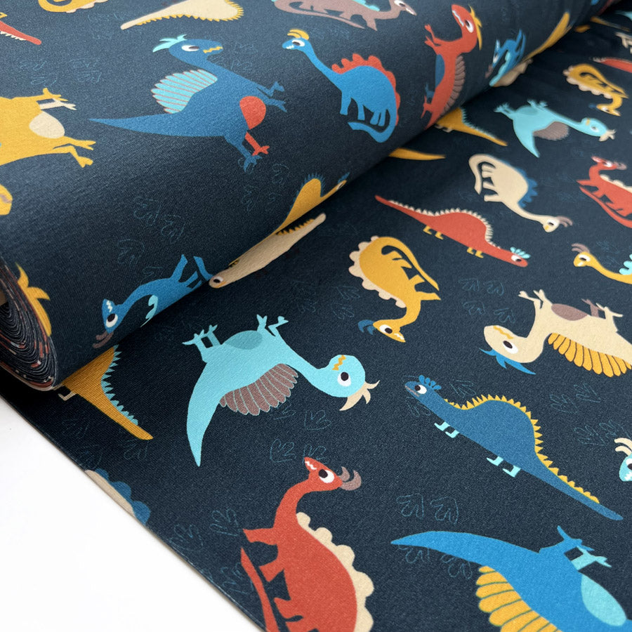 Stof cotton jersey chompers dinosaur print navy oeko tex elastane knitted fabric bolt