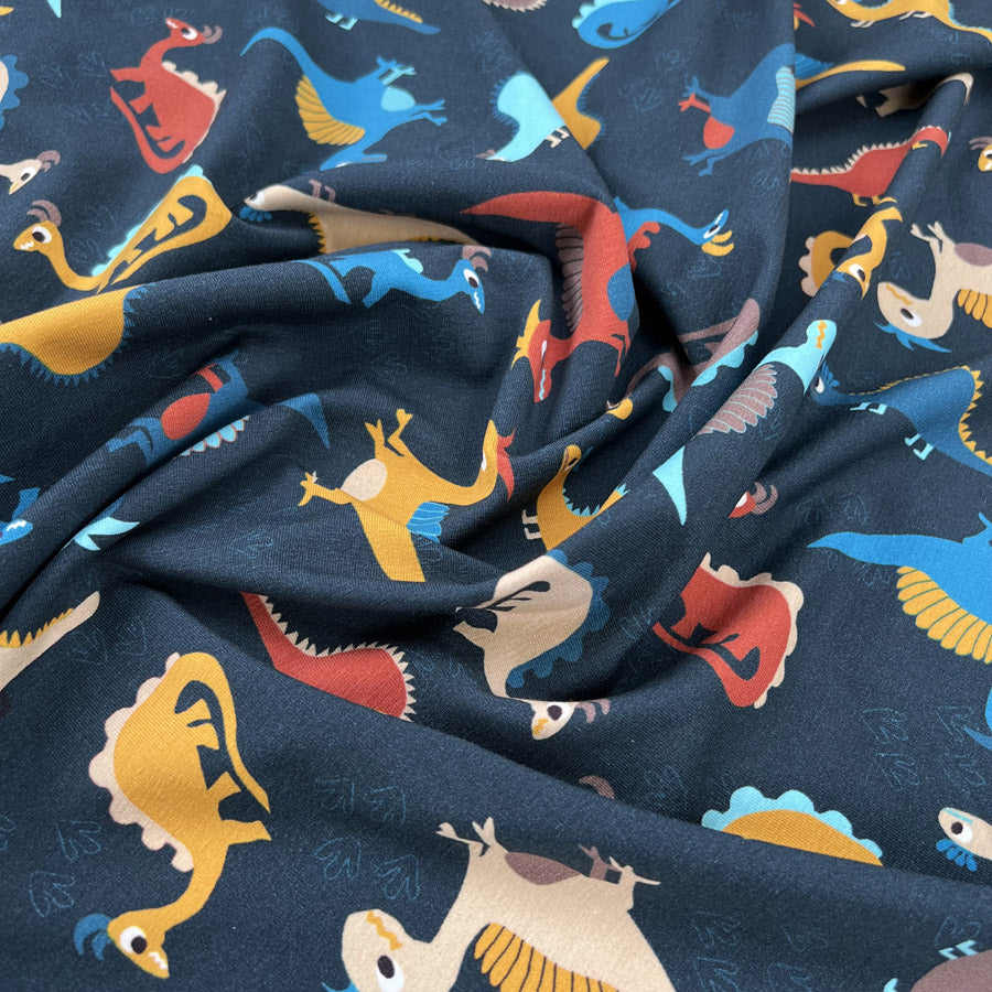 Stof cotton jersey chompers dinosaur print navy oeko tex elastane knitted fabric cu