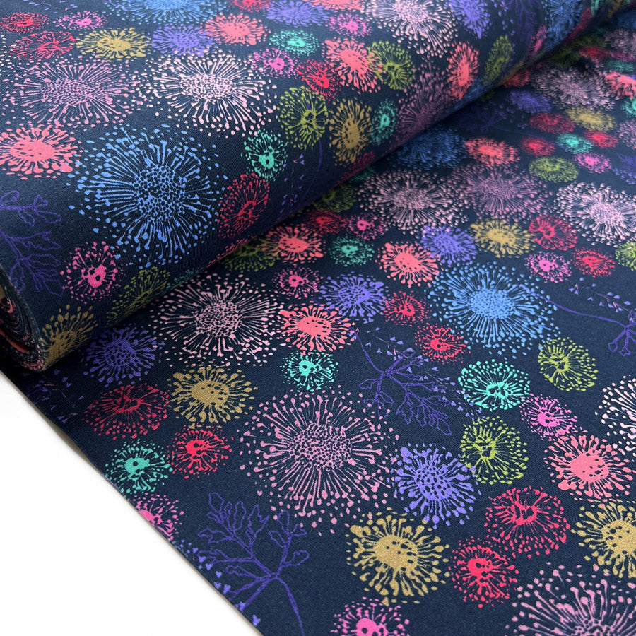 Stof cotton jersey disco dandelion elastane navy oeko tex knitted fabric bolt