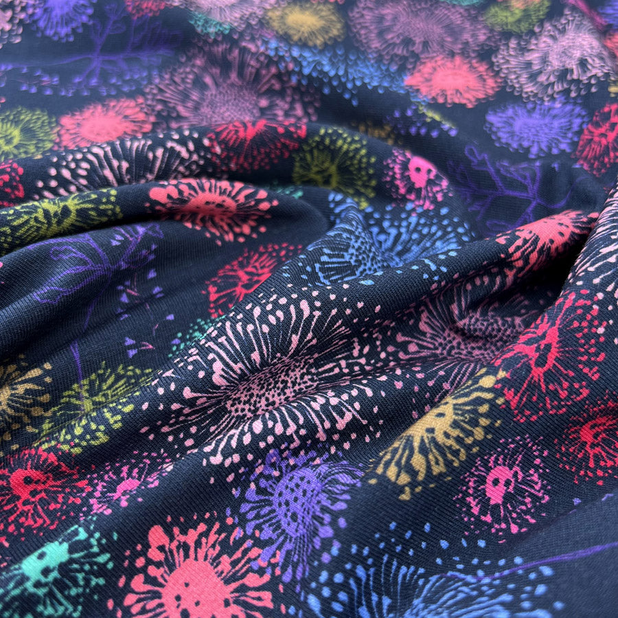 Stof cotton jersey disco dandelion elastane navy oeko tex knitted fabric cu