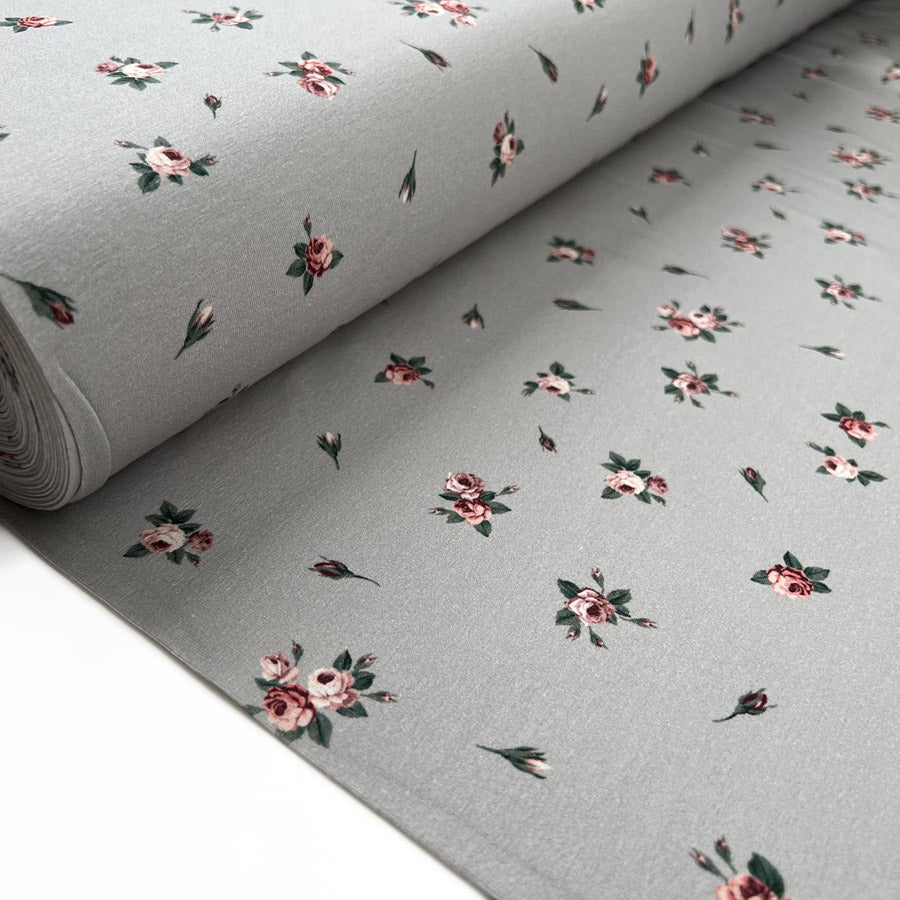 Stof cotton jersey roses grey oeko tex elastane knitted dress fabric bolt 1