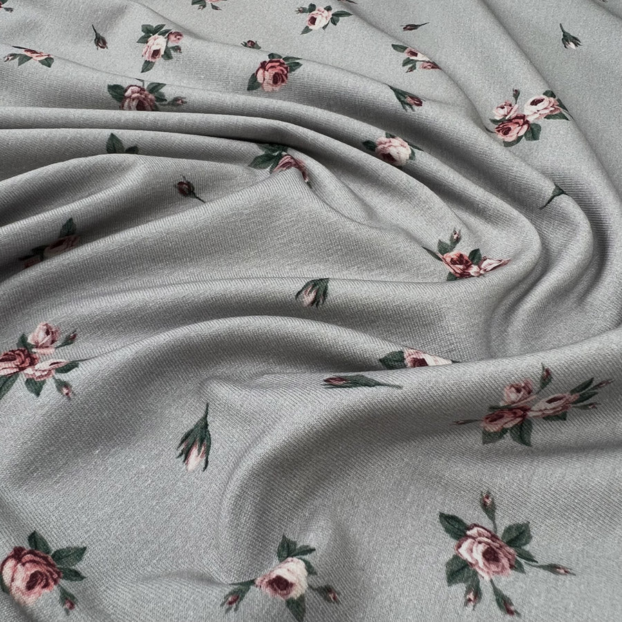 Stof cotton jersey roses grey oeko tex elastane knitted dress fabric cu 1
