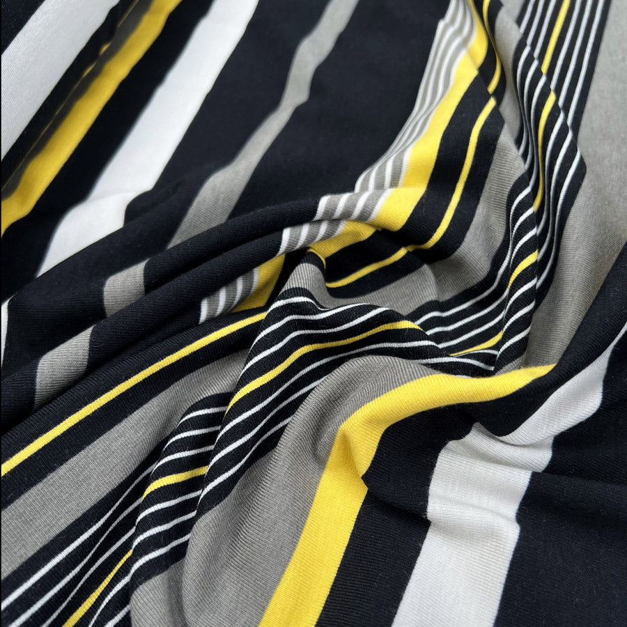 Stof Cotton Jersey Yellow Grey Stripe Black Elastane Knit Stretch Fabric