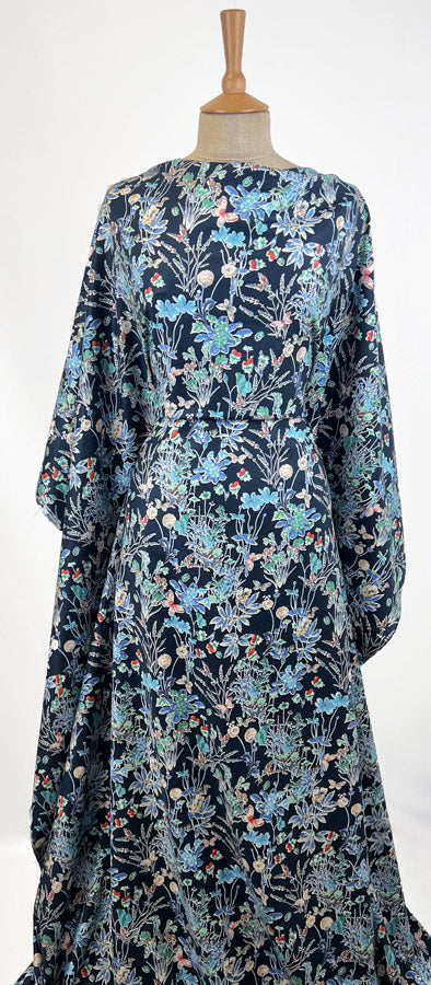 Stretch Cotton Lycra Fabric White Floral Spring Garden Navy Dress