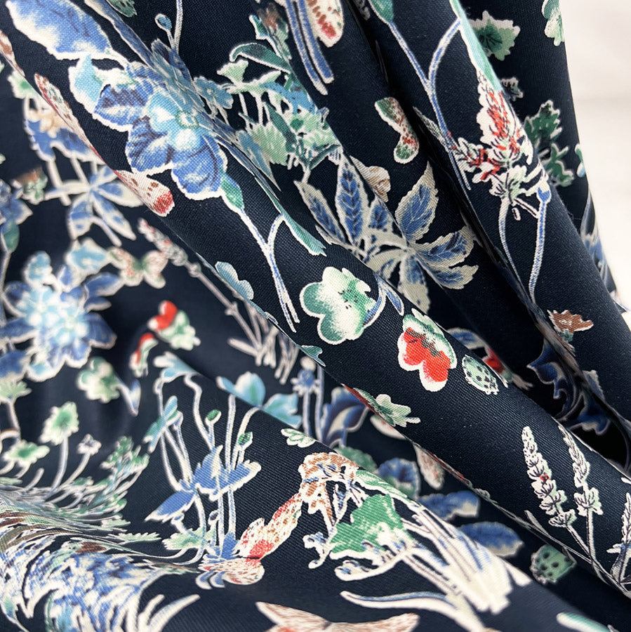 Stretch Cotton Lycra Fabric White Floral Spring Garden Navy Hang