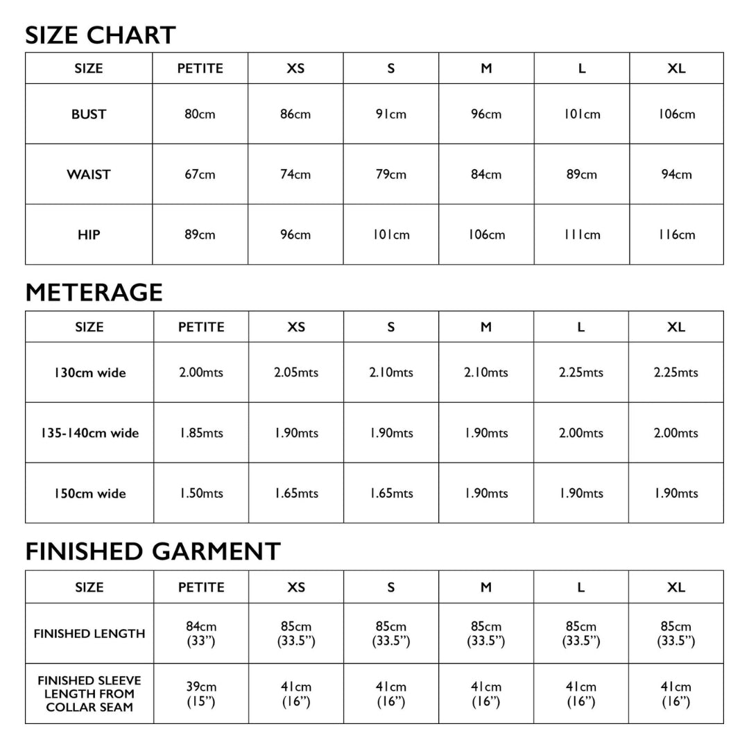 Sydney Jacket Pattern Tessuti Size Chart