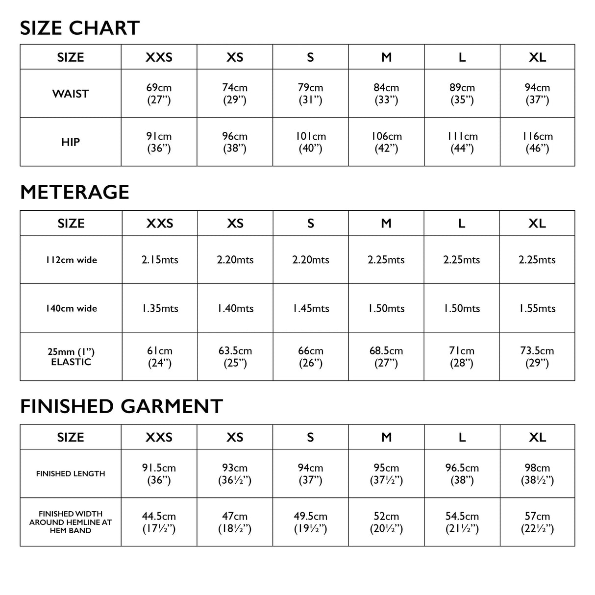 Tamiko Size Chart