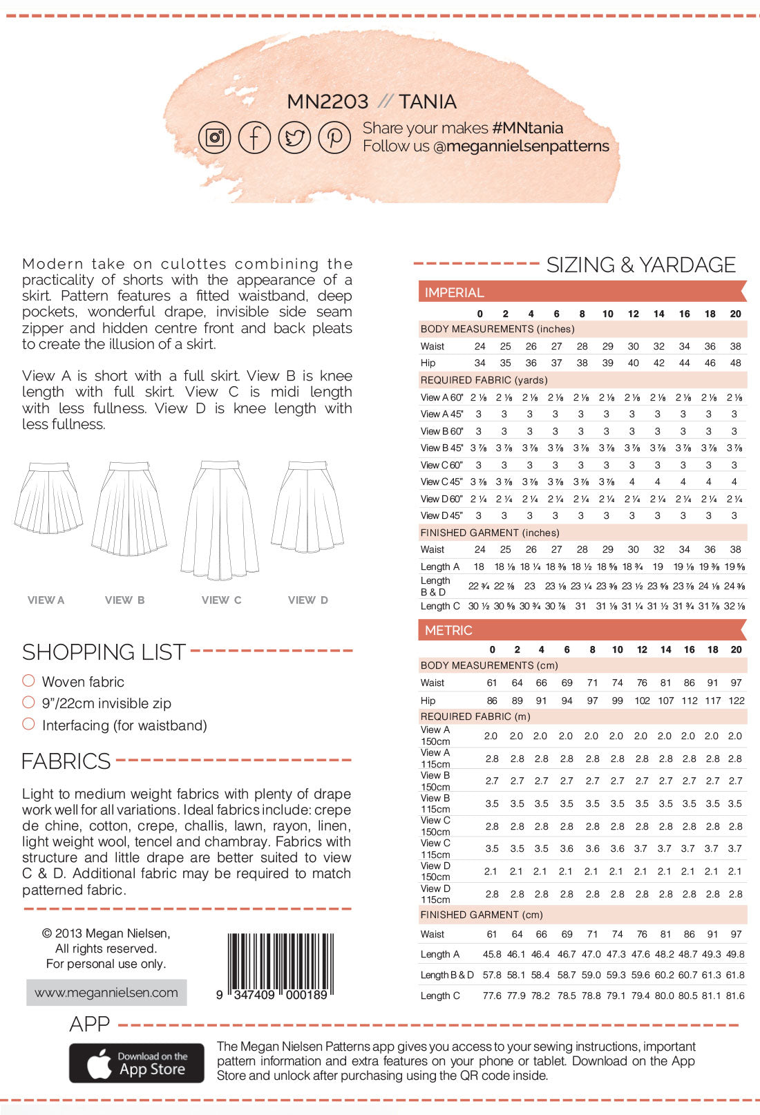 Tania Culottes Pattern Megan Nielsen Back