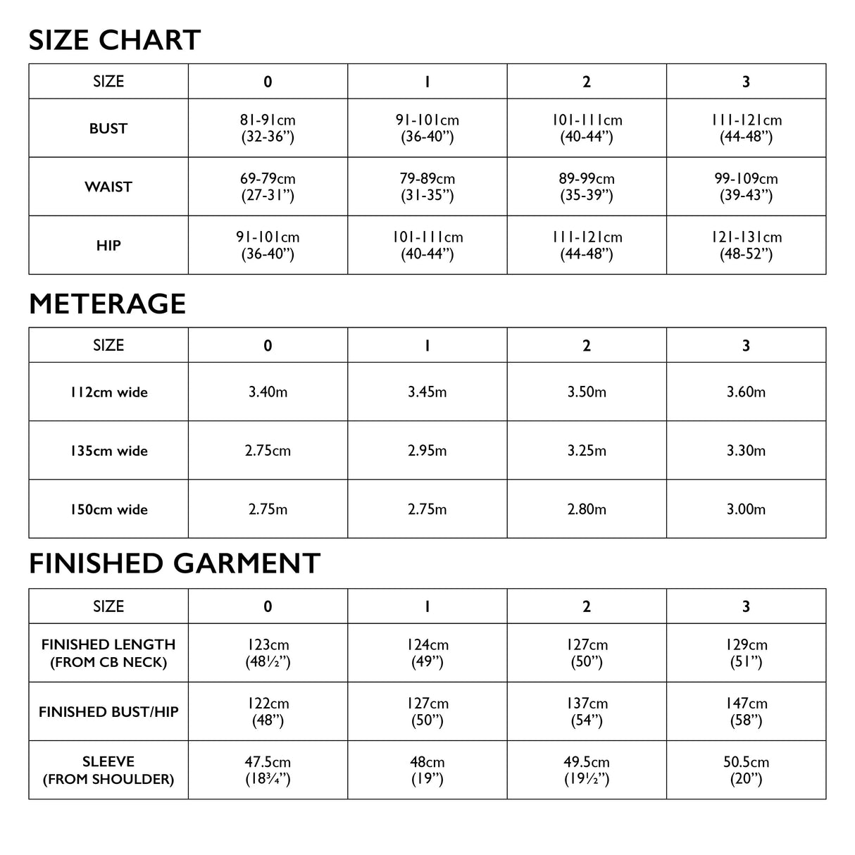 Tessuti Robesize Chart