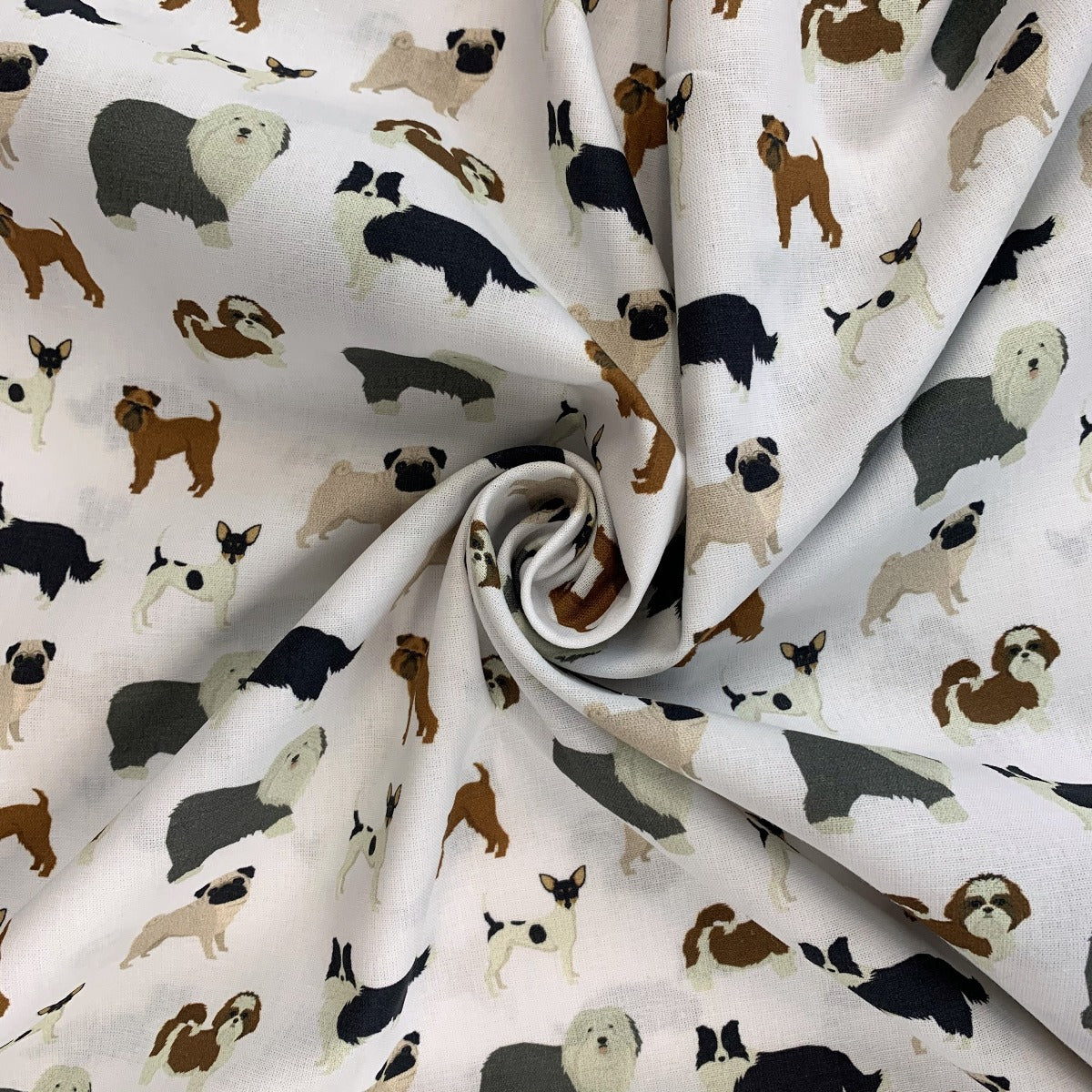 True Craft Barking Mad John Louden Korean Crafting Fabric White Pug Swirl
