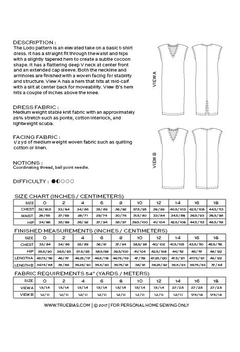 True Bias Lodo Dress Sewing Pattern Back Cover