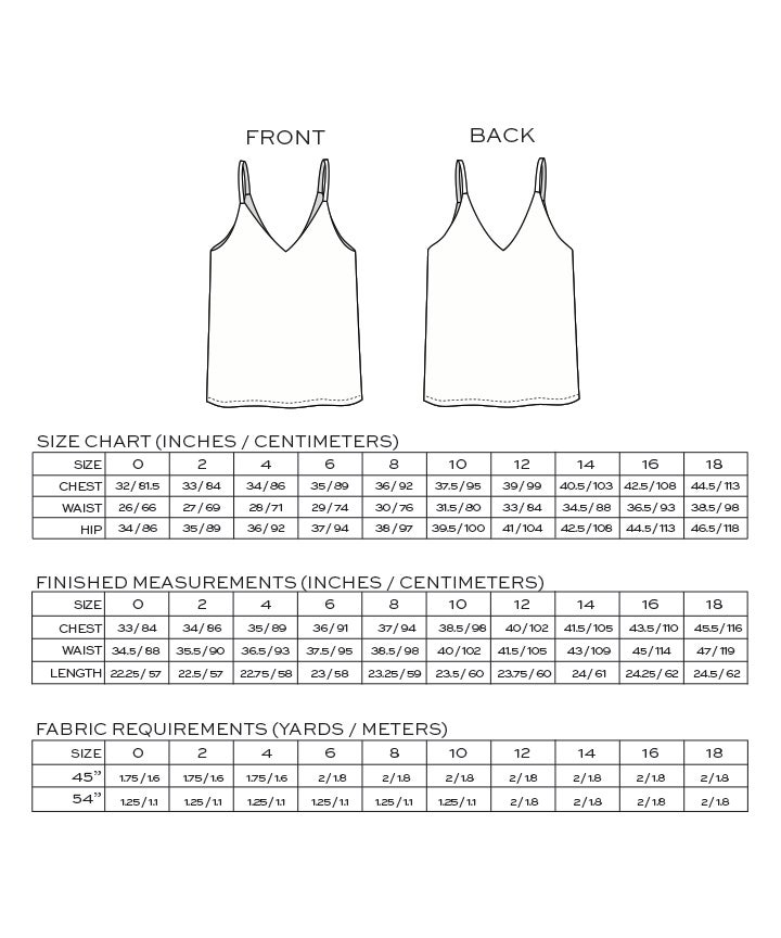 True Bias Ogden Cami Sewing Pattern Sizes 0 18 Size Chart