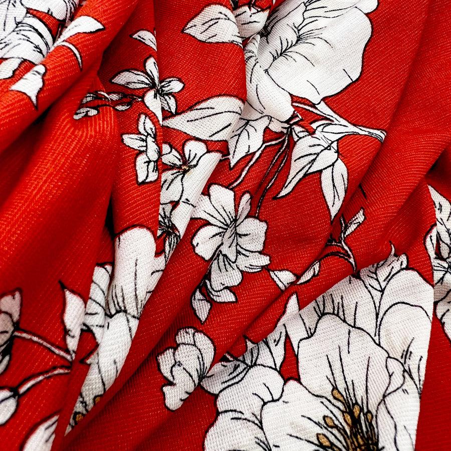 Turn The Night Sky Red Slinky Polyester Elastane Floral Printed Knitted Jersey Fabric