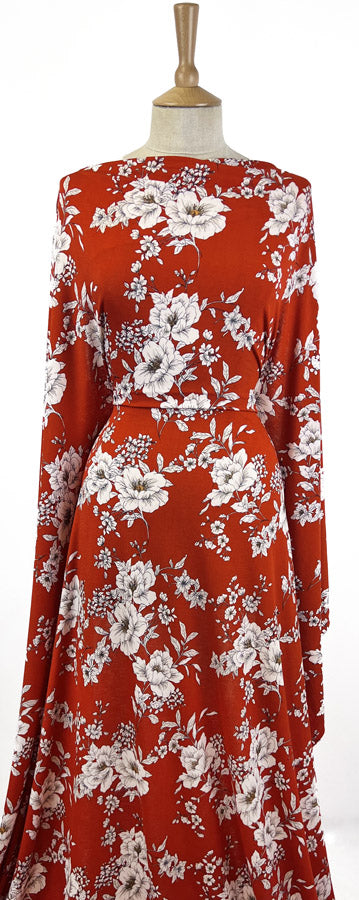 Turn The Night Sky Red Slinky Polyester Elastane Floral Printed Knitted Jersey Fabric Dress