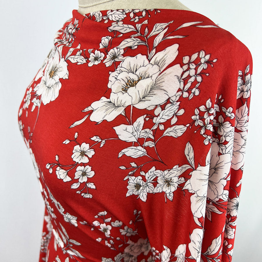 Turn The Night Sky Red Slinky Polyester Elastane Floral Printed Knitted Jersey Fabric Side