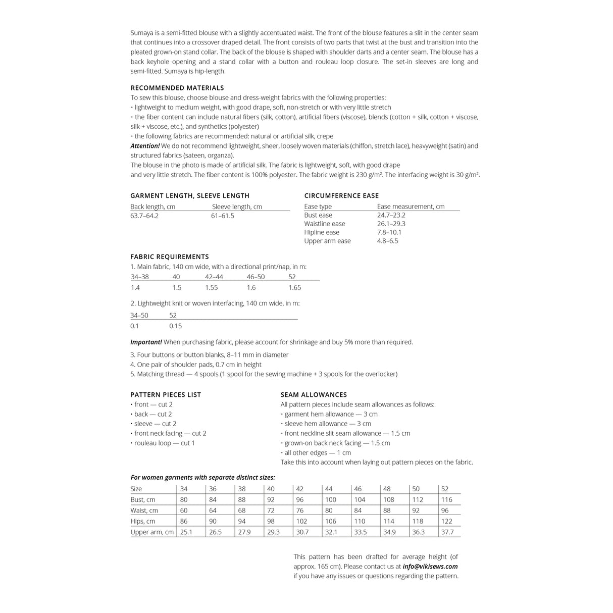 Vikisews sumaya blouse pattern size chart 1