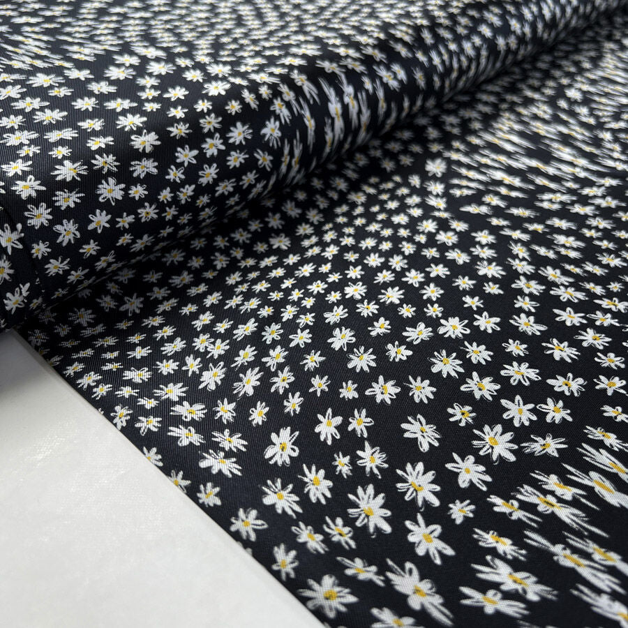 Viscose Black Floral Daisy White Printed Dress Lining Fabric Bolt