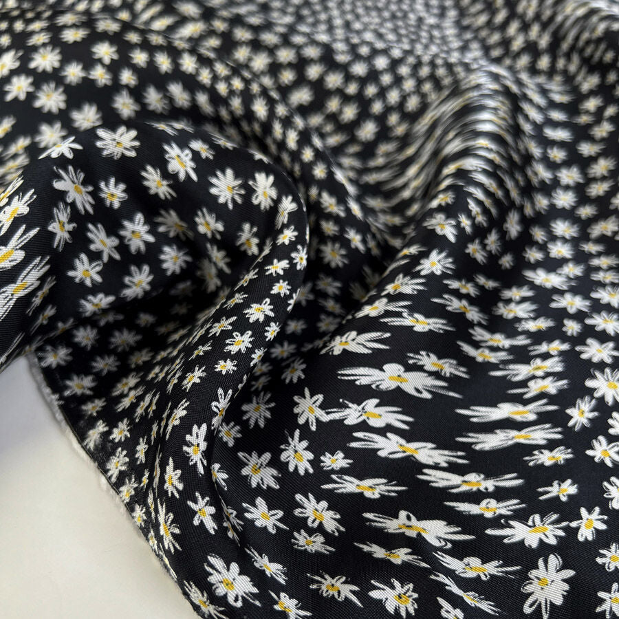 Viscose Black Floral Daisy White Printed Dress Lining Fabric