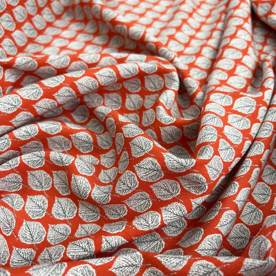 Viscose Challis Aspen Red White Leaf Print Lightweight Dress Fabric