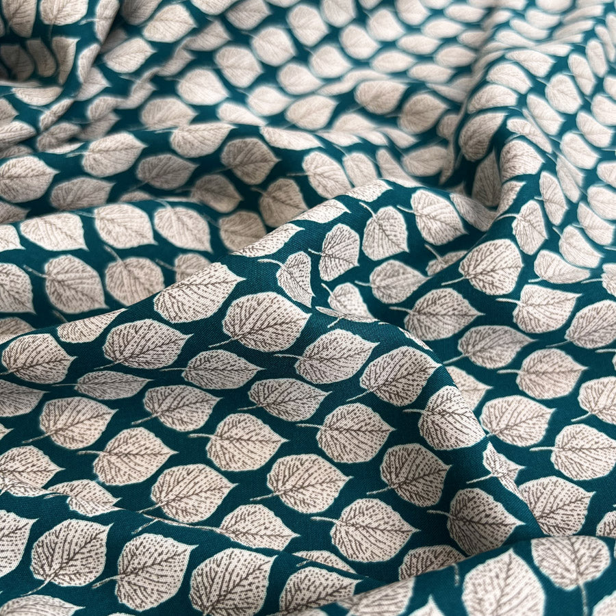Viscose Challis Aspen Teal Blue White Leaf Print Lightweight Dress Fabric