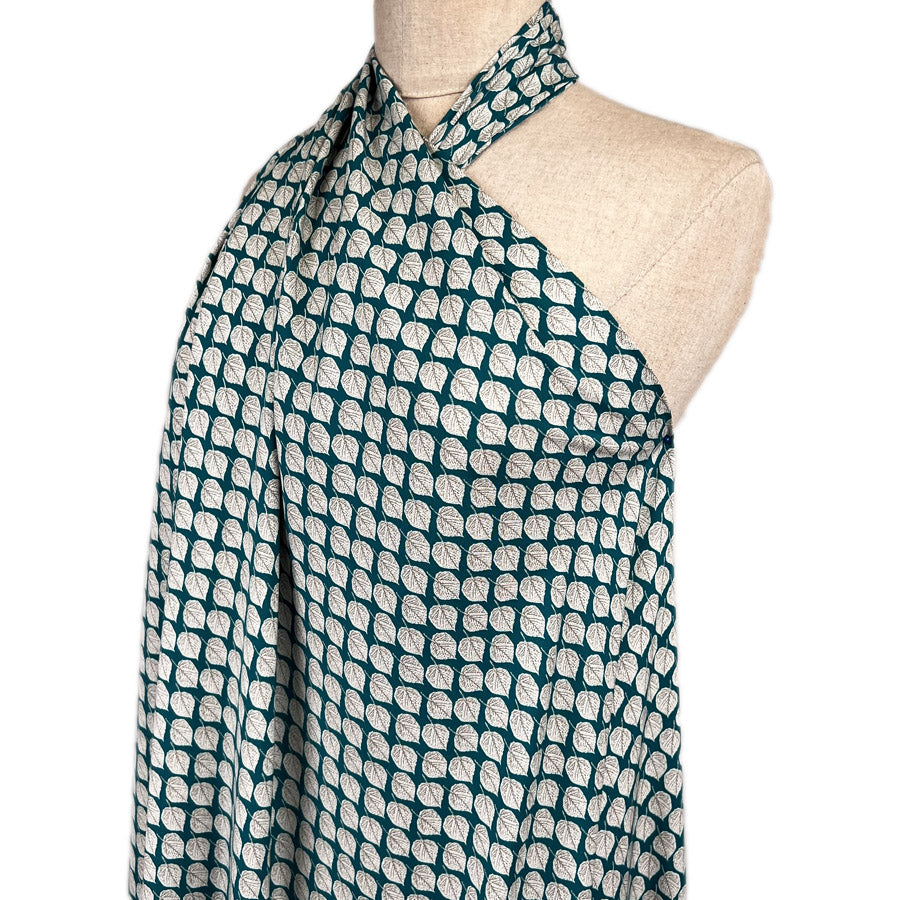Viscose Challis Aspen Teal Blue White Leaf Print Lightweight Dress Fabric Side