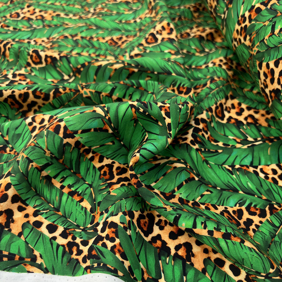 Viscose Challis Leopard In The Jungle Green Animal Leaf Print Dress Fabric