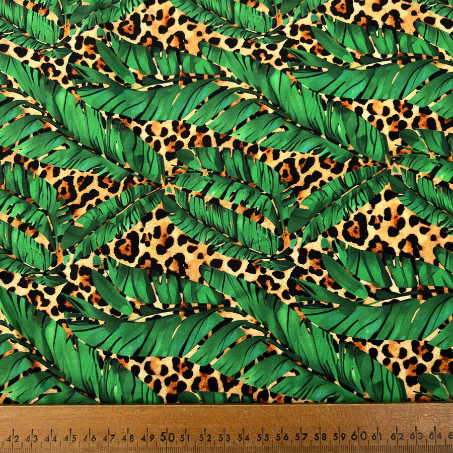 Viscose Challis Leopard In The Jungle Green Animal Leaf Print Dress Fabric Ruler