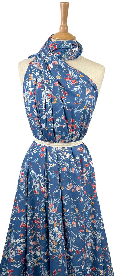 Viscose Challis Melody Blue Watercolour Floral Print Dress Fabric