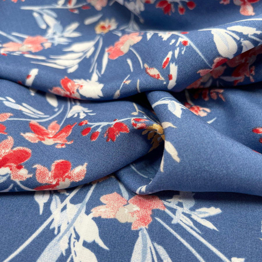 Viscose Challis Melody Blue Watercolour Floral Print Dress Fabric