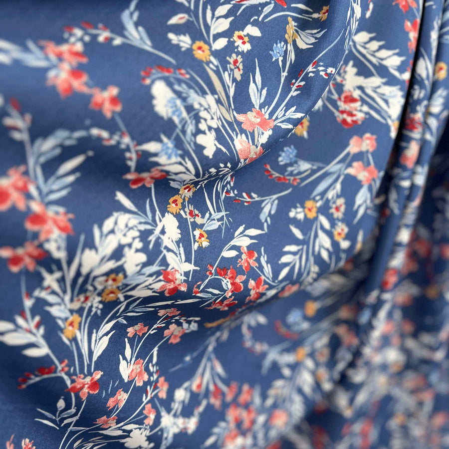 Viscose Challis Melody Blue Watercolour Floral Print Dress Fabric Drape
