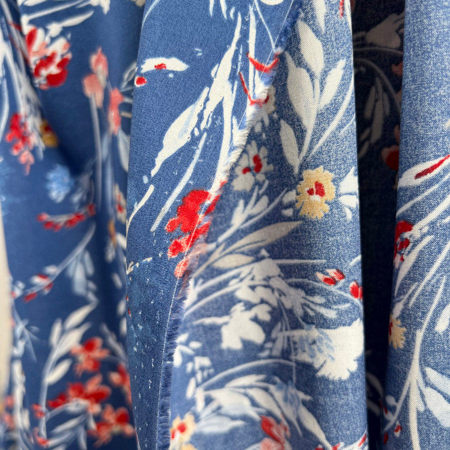 Viscose Challis Melody Blue Watercolour Floral Print Dress Fabric Hang