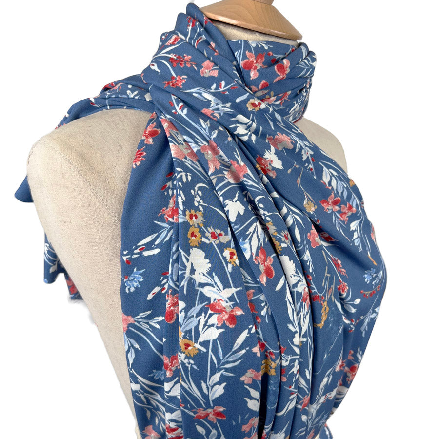 Viscose Challis Melody Blue Watercolour Floral Print Dress Fabric Side