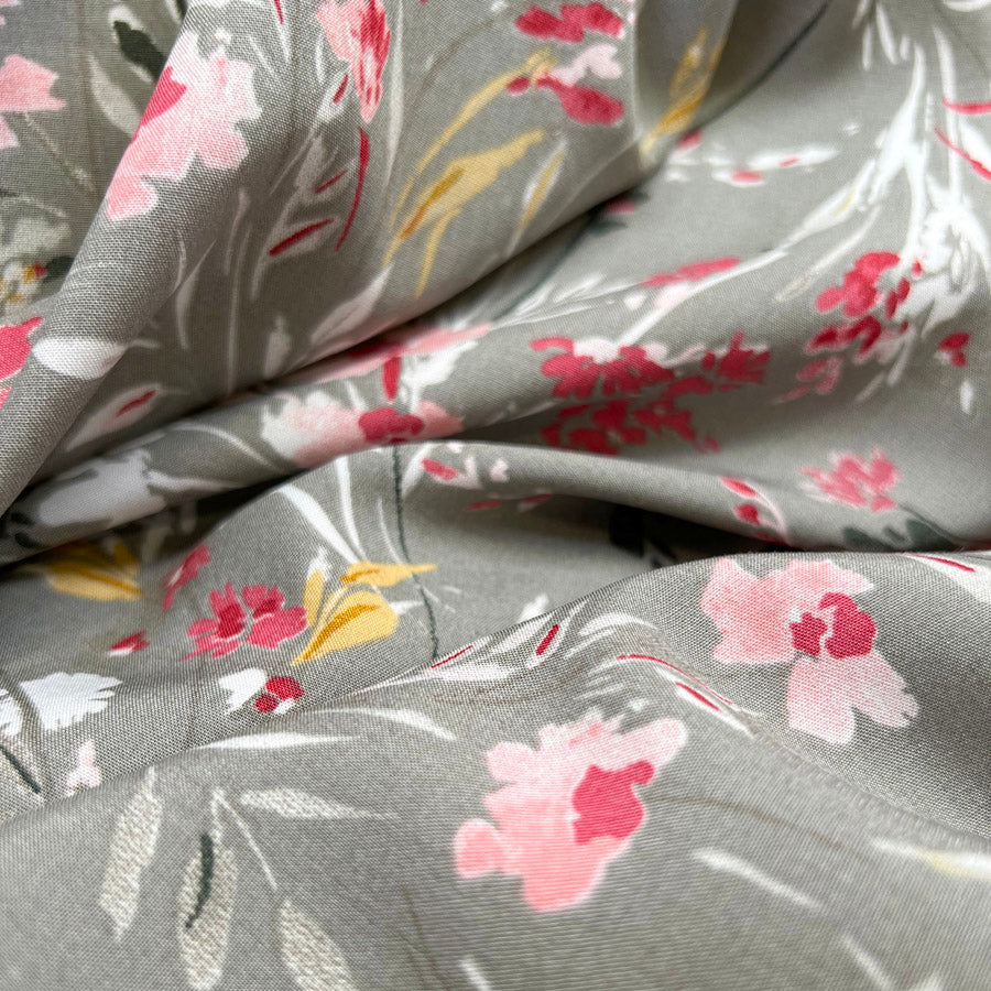 Viscose Challis Melody Grey Watercolour Floral Print Dress Fabric